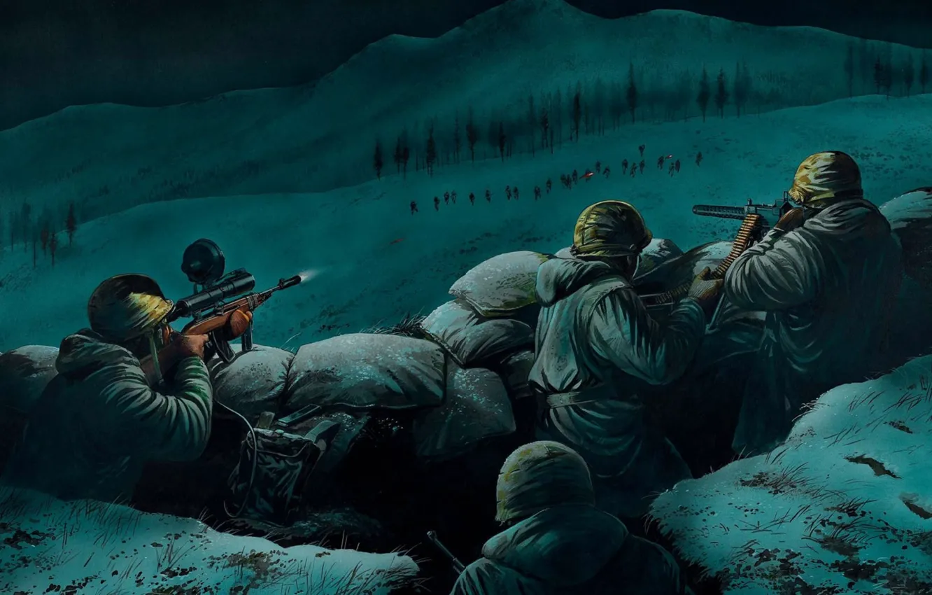 Photo wallpaper mountains, night, reflection, figure, point, shot, battle, art