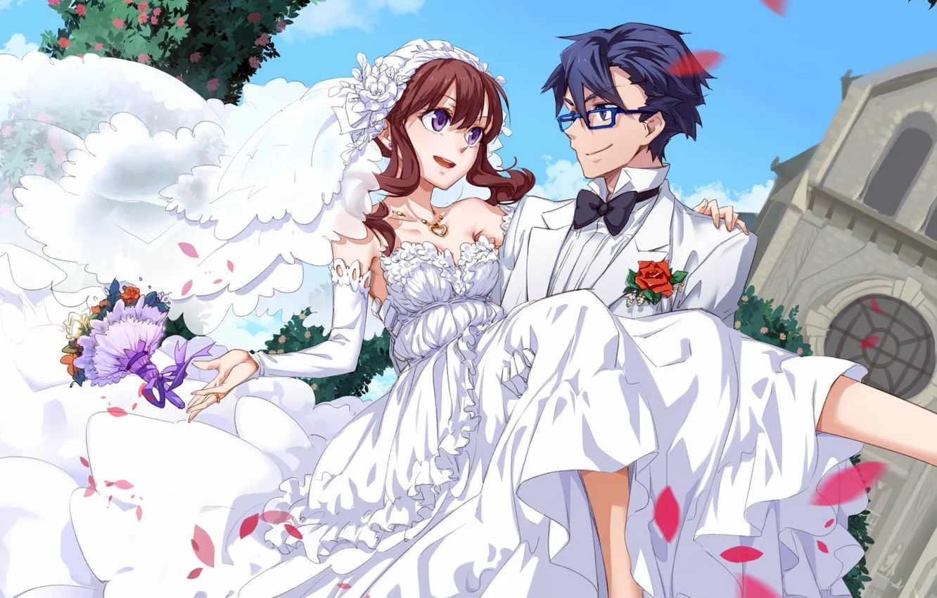 Photo wallpaper girl, joy, flowers, bouquet, anime, petals, art, glasses