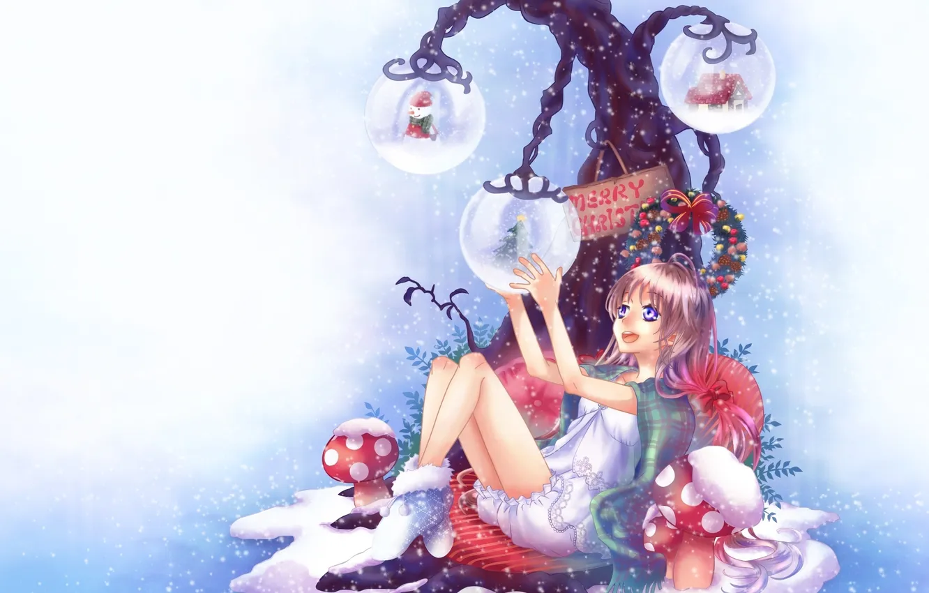 Photo wallpaper girl, snow, house, tree, holiday, branch, mushrooms, tree
