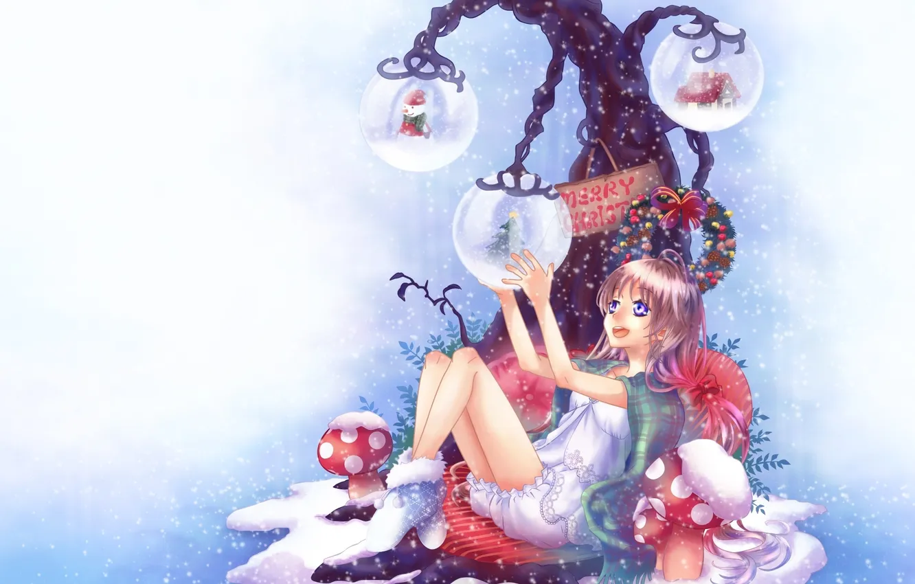 Photo wallpaper girl, snow, trees, holiday, branch, mushrooms, tree, new year