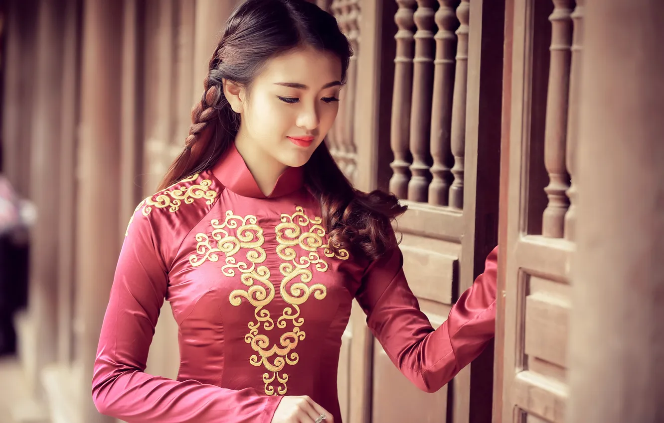 Photo wallpaper face, smile, pattern, dress, Asian