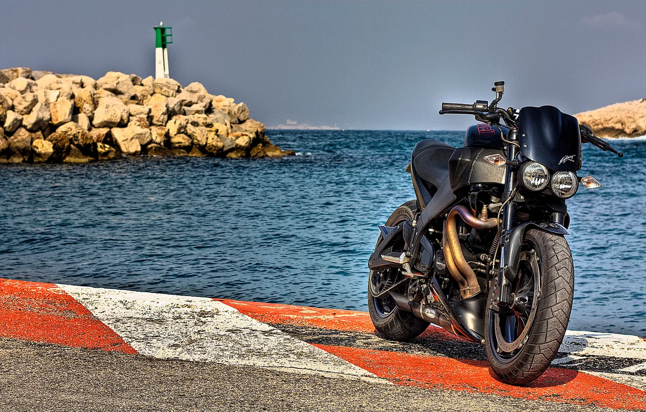 Photo wallpaper water, stones, shore, horizon, motorcycle, moto, Moto Wallpaper, Buell