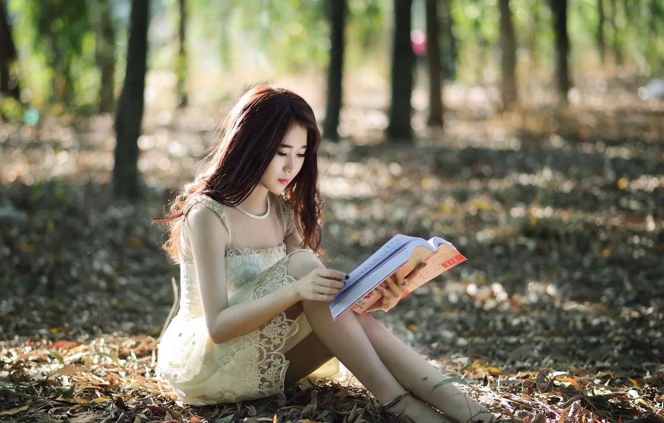 Photo wallpaper girl, book, Asian