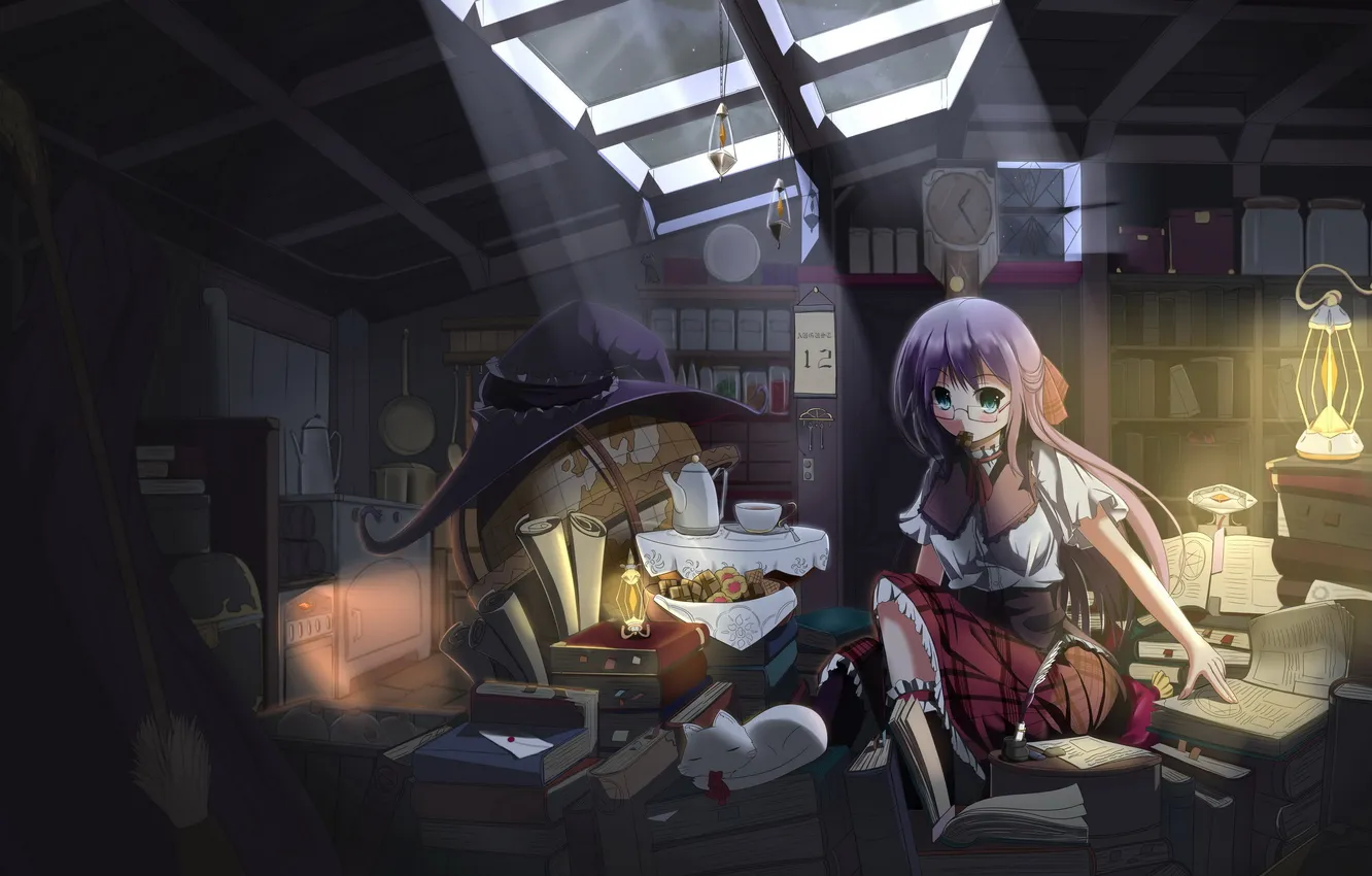 Photo wallpaper cat, girl, night, room, hat, lights, book, witch