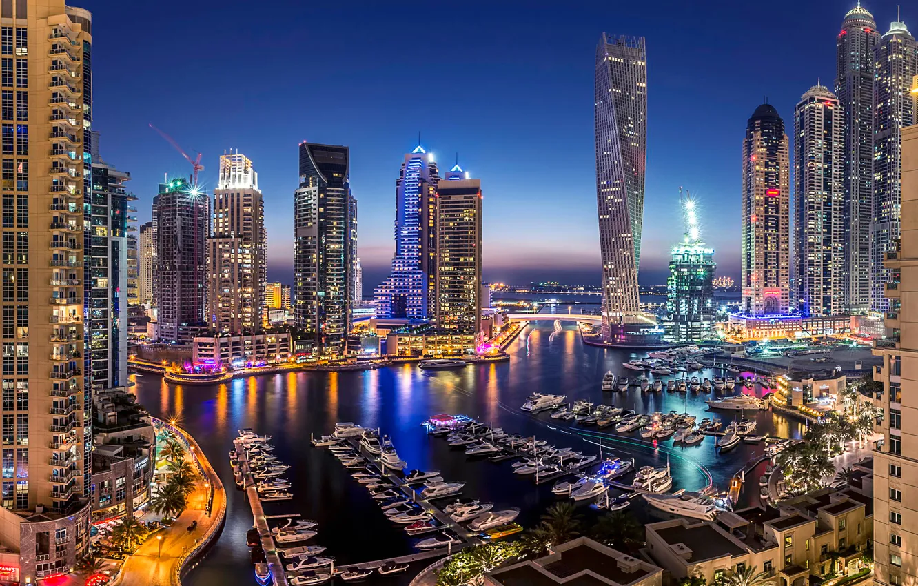 Photo wallpaper the sky, night, lights, boat, home, Bay, yacht, Dubai