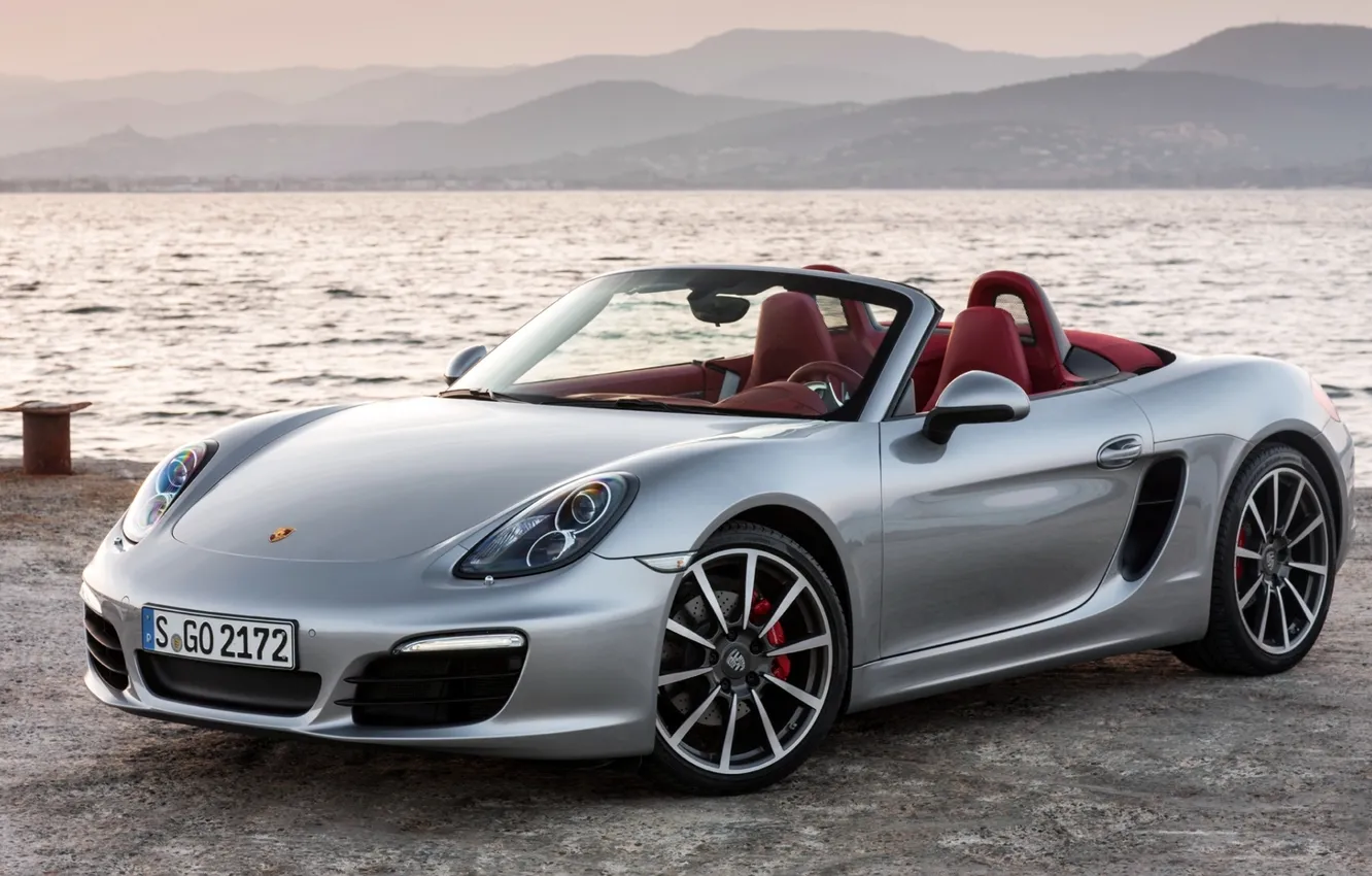 Photo wallpaper water, mountains, shore, Porsche, silver, supercar, Porsche, the front