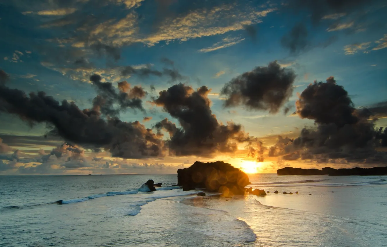 Photo wallpaper wave, beach, clouds, sunset, waves, rock, beach, rock