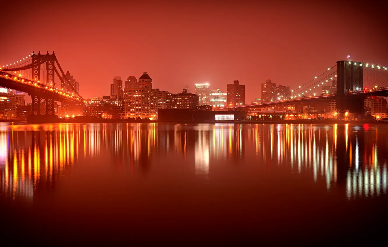 Photo wallpaper night, the city, Brooklyn, New York, Two Bridges