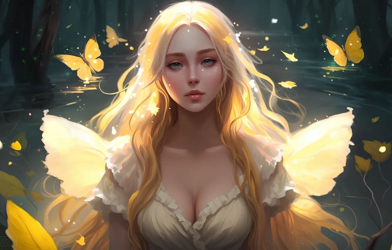 Photo wallpaper look, girl, butterfly, hair, wings