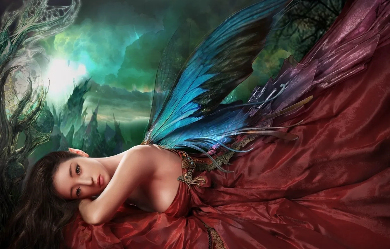 Photo wallpaper sadness, look, wings, fairy, resting, beautiful girl, legends, melancholy
