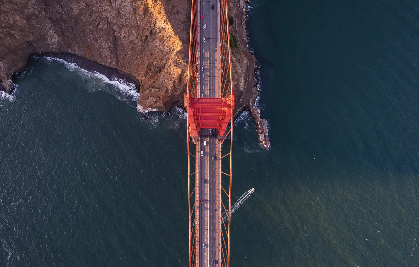Photo wallpaper sea, bridge, rocks, CA, San Francisco, Golden Gate Bridge, the view from the top, California