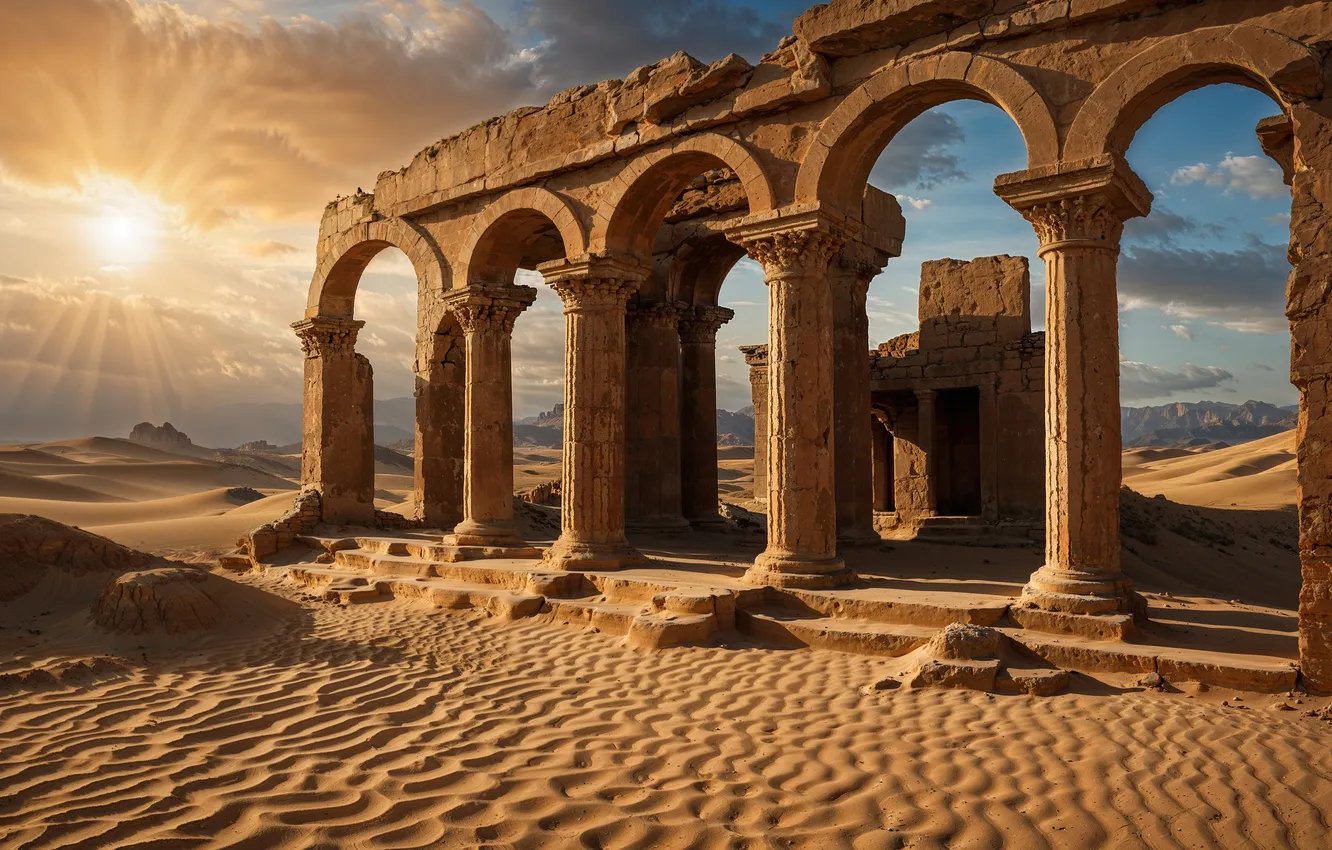 Photo wallpaper sand, the sky, the sun, clouds, rays, light, landscape, nature