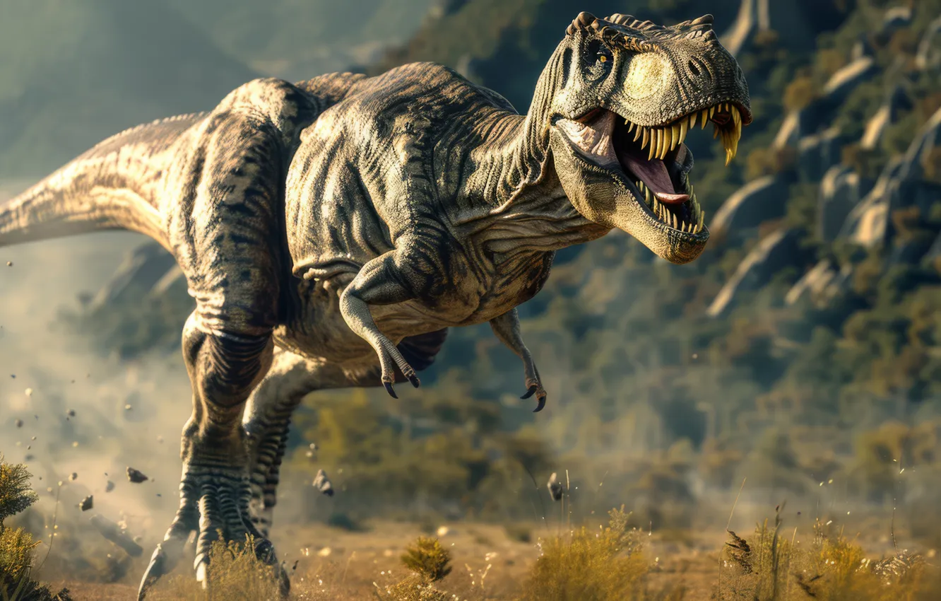 Photo wallpaper animal, dinosaur, predator, running, Tyrannosaurus, digital art, Tyrannosaurus Rex, Tyrannosaurus Rex