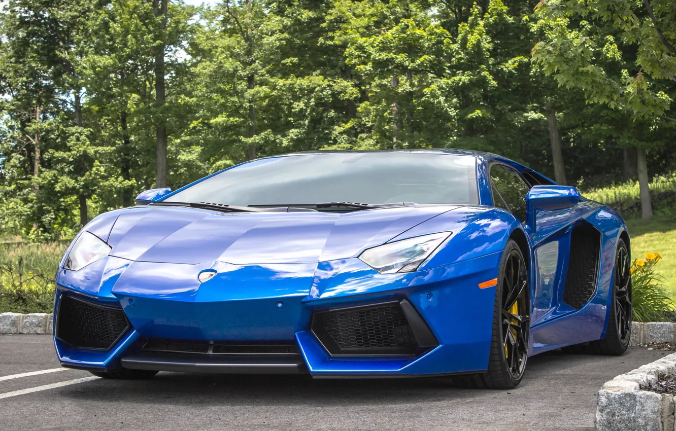 Photo wallpaper Lamborghini, blue, parking, aventador