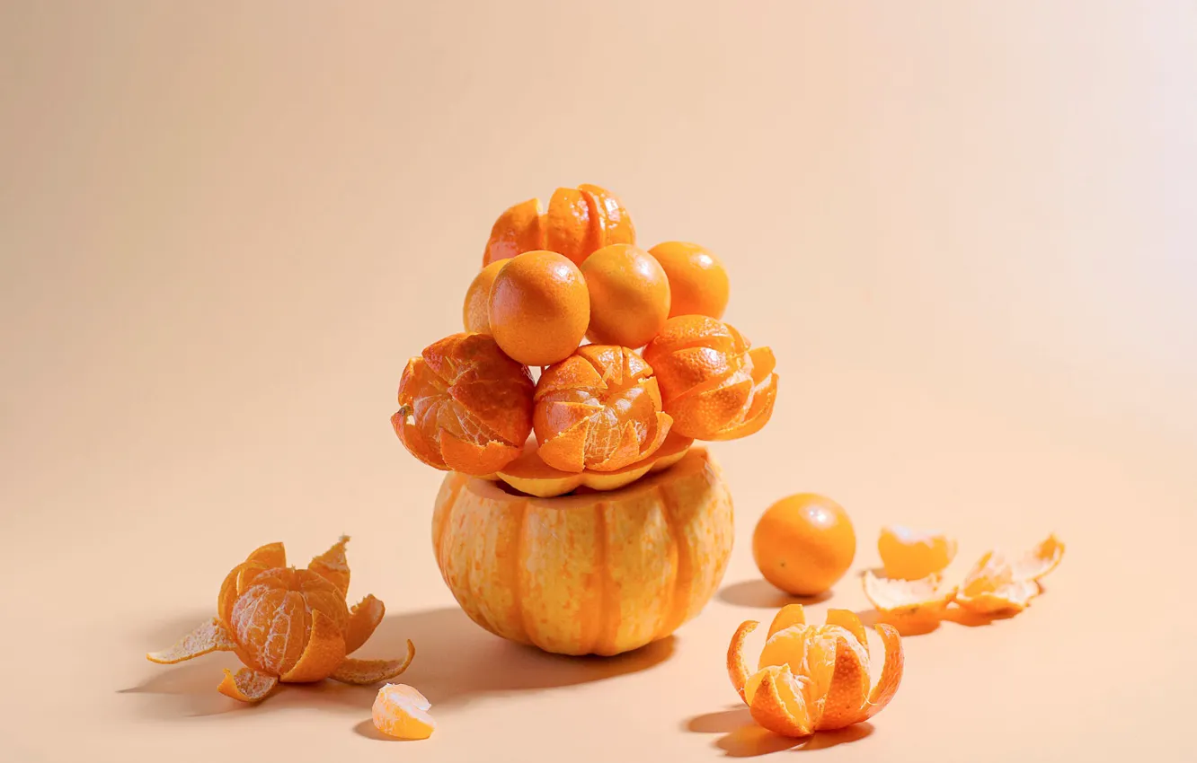Photo wallpaper light, shadow, pumpkin, still life, pink background, stand, slices, peel