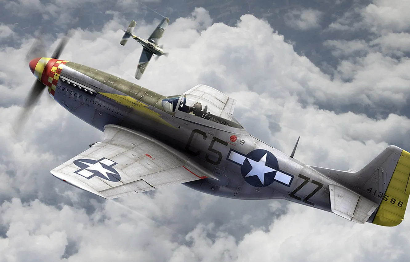 Photo wallpaper UNITED STATES AIR FORCE, dogfight, North American P-51 Mustang, American single-seat fighter, Focke-Wulf Fw 190 …