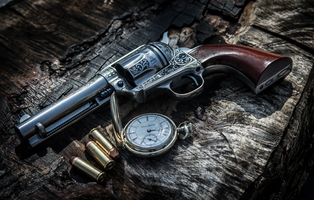 Photo wallpaper weapons, background, pattern, watch, trunk, cartridges, revolver, the handle