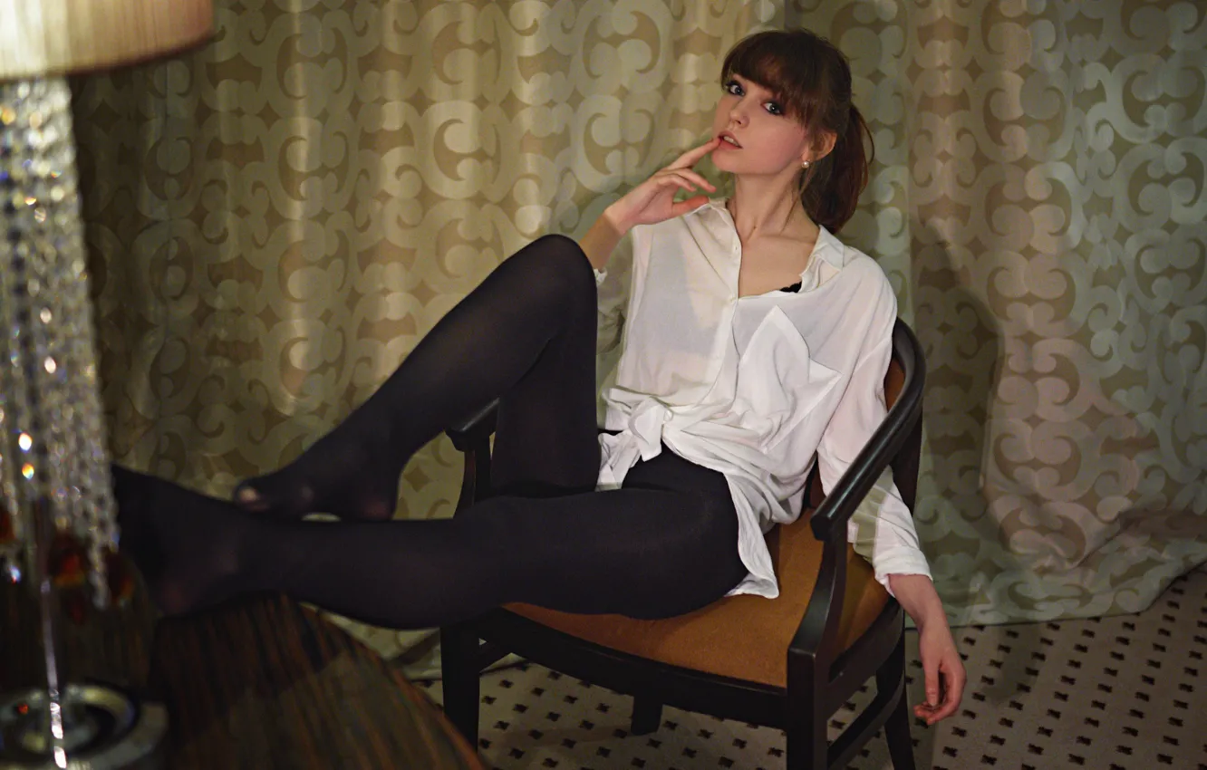 Photo wallpaper look, girl, pose, feet, chair, hands, tights, Olga Pushkina