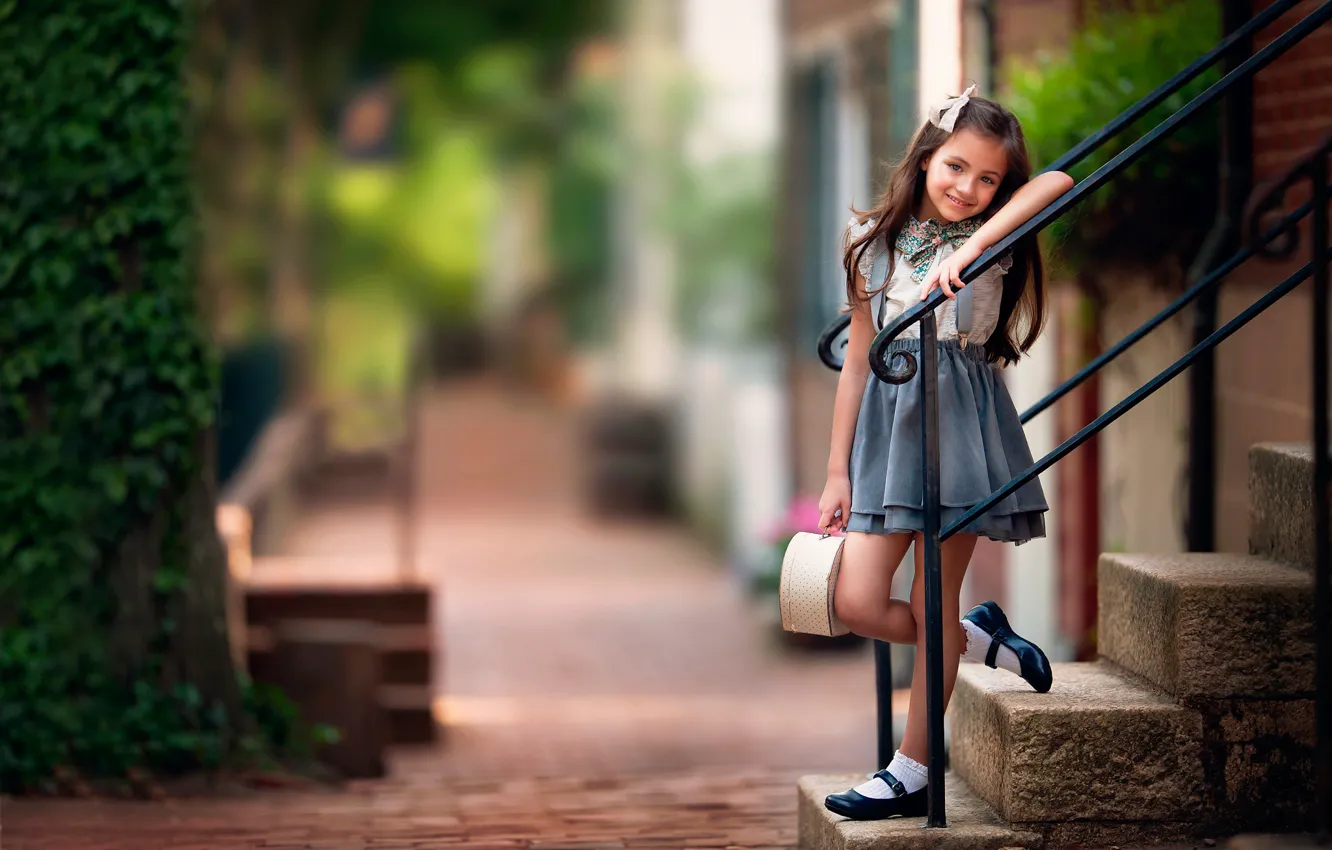 Photo wallpaper smile, street, girl, steps, child photography, Sweet Afternoon