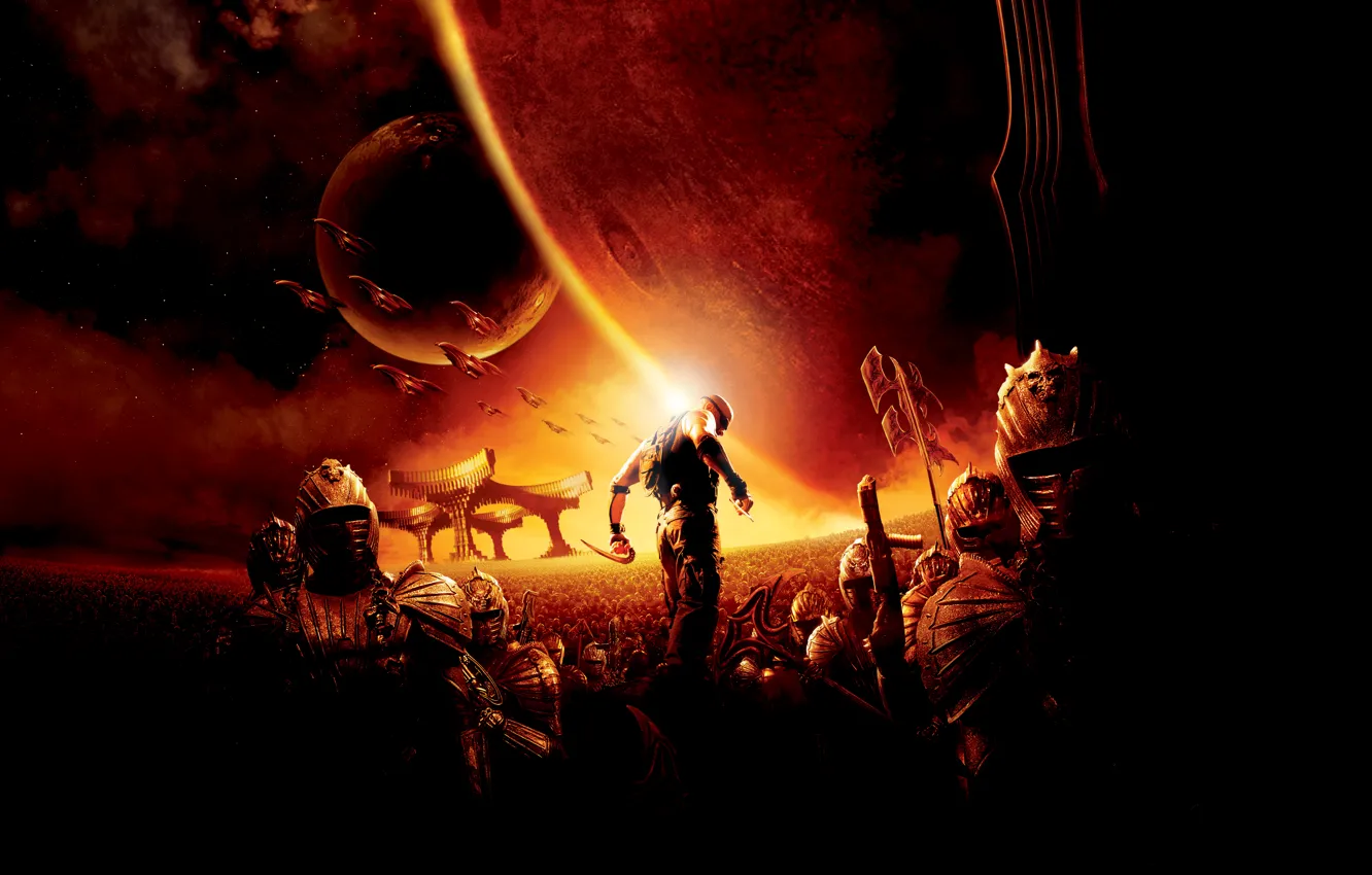Photo wallpaper Action, Fantasy, The Chronicles of Riddick, Planets, Space, Sun, Warrior, Line