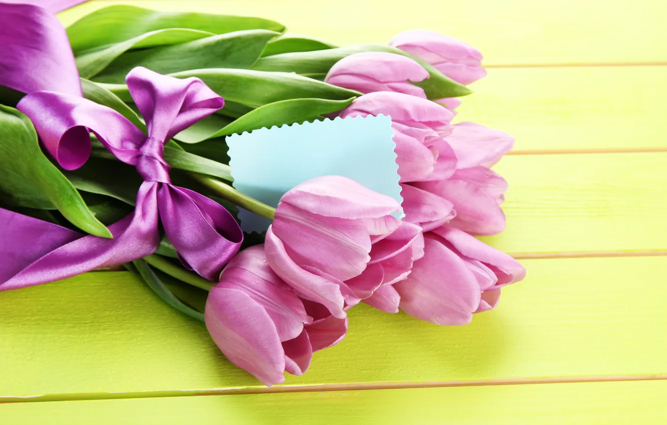 Photo wallpaper flowers, bouquet, tape, tulips, pink, wood, pink, flowers