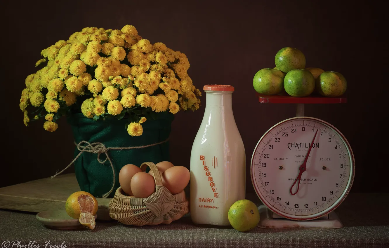 Photo wallpaper flowers, eggs, milk, still life, basket, Libra, chrysanthemum, yellow