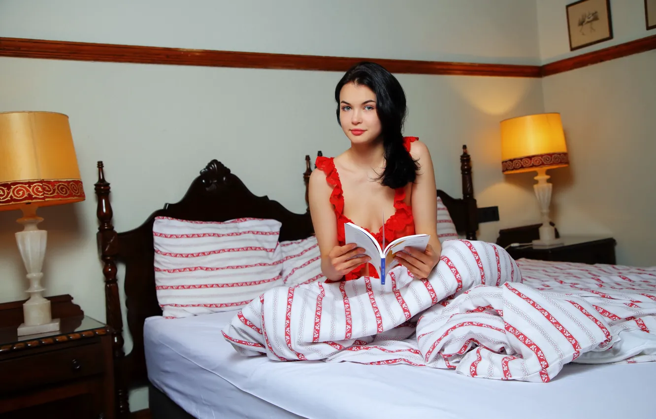 Photo wallpaper cleavage, boobs, model, tits, breasts, sexy woman, bedroom, gorgeous