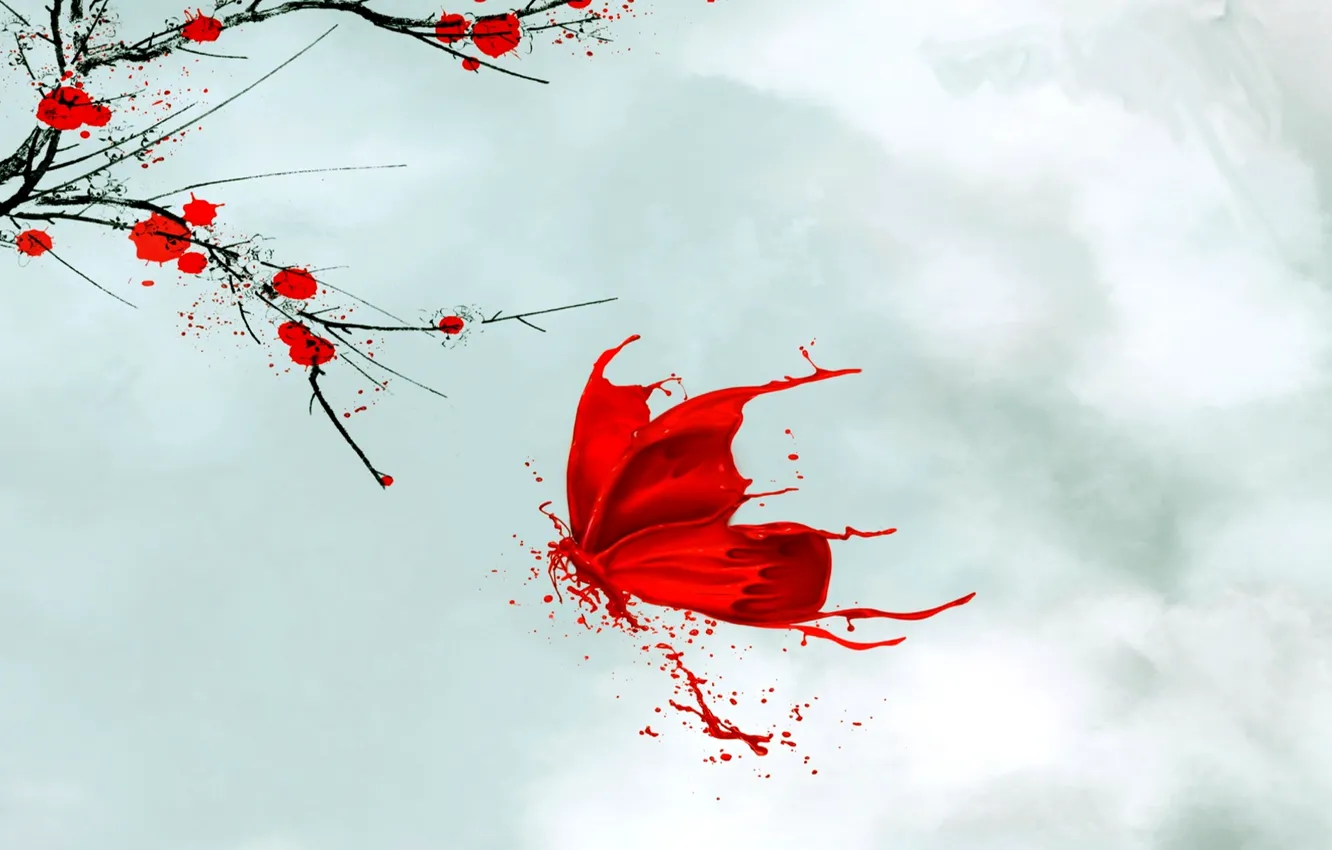 Photo wallpaper the sky, clouds, branches, butterfly, paint