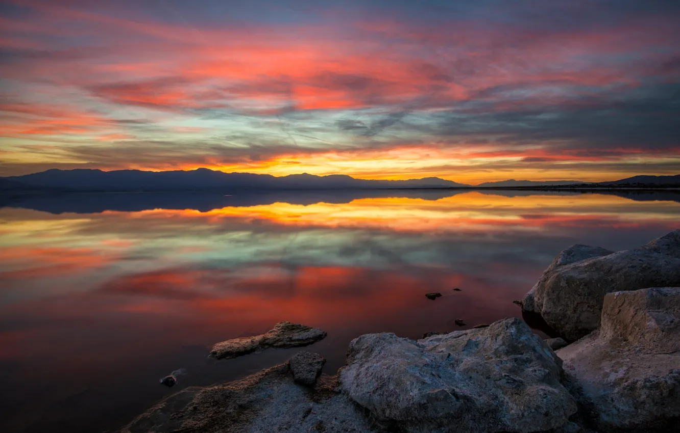 Photo wallpaper the sky, clouds, light, sunset, lake, reflection, stones, hills