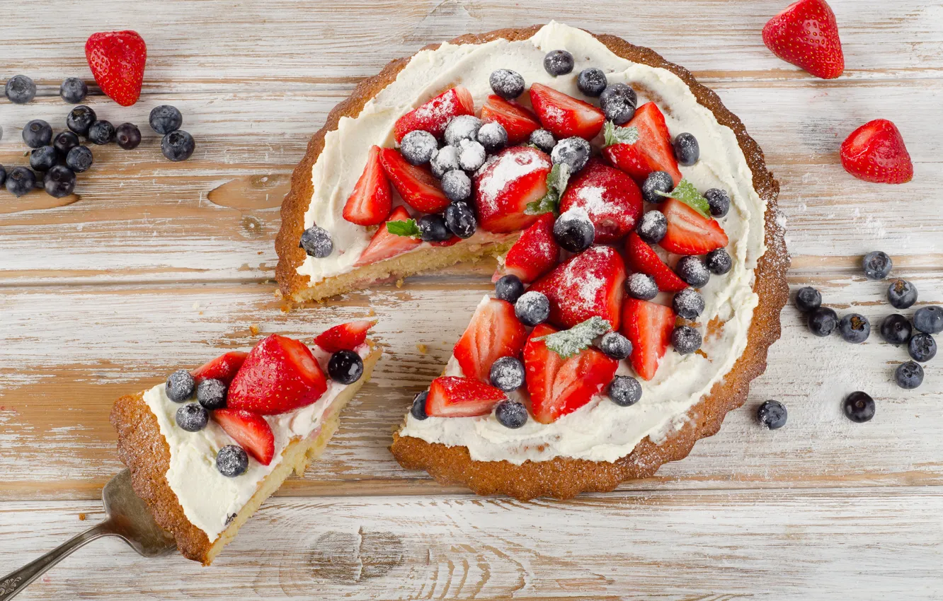Photo wallpaper Strawberry, Food, Cakes, Blueberries, Pie, Piece