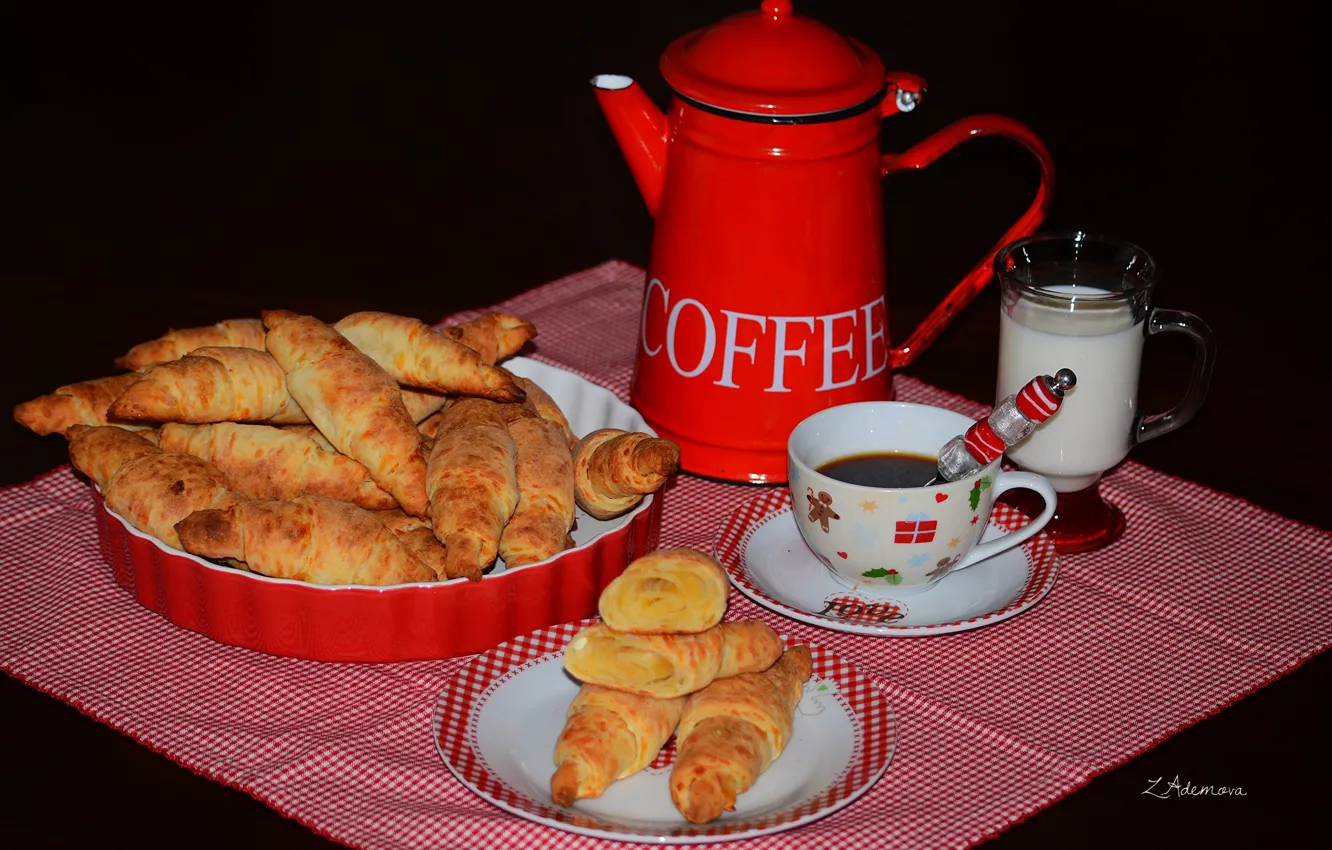 Photo wallpaper coffee, milk, cakes, bagel, coffee pot
