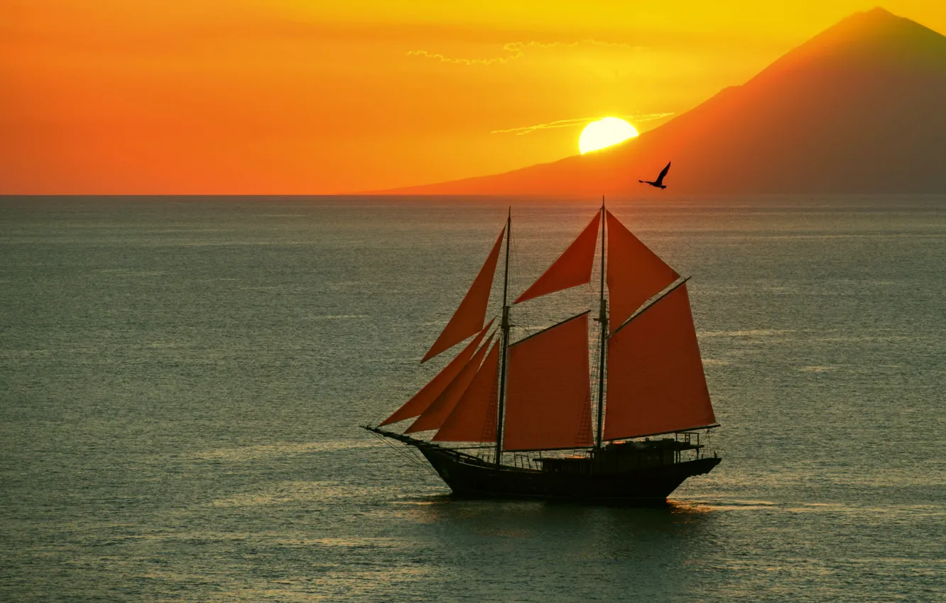 Photo wallpaper sea, sunset, mountains, seagulls, sailboat