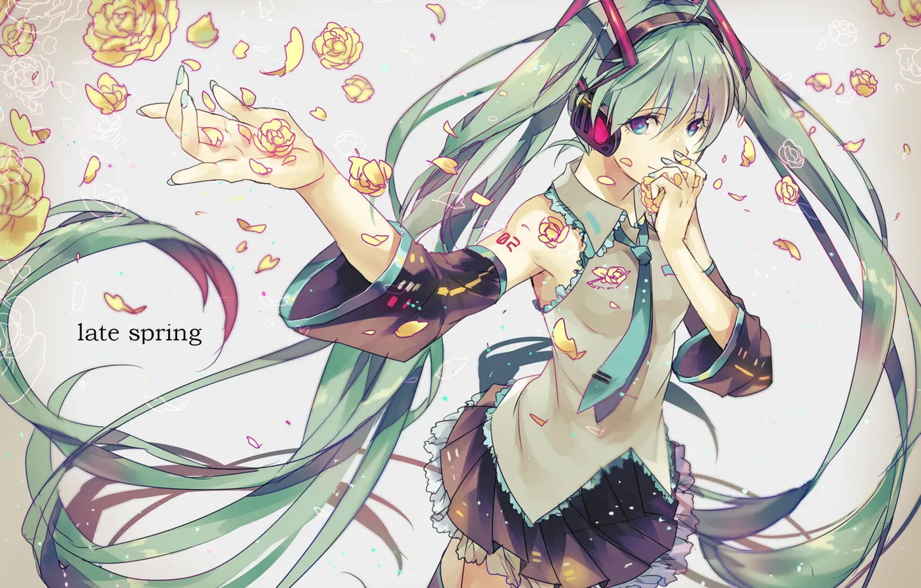 Photo wallpaper girl, flowers, roses, headphones, art, tie, vocaloid, hatsune miku