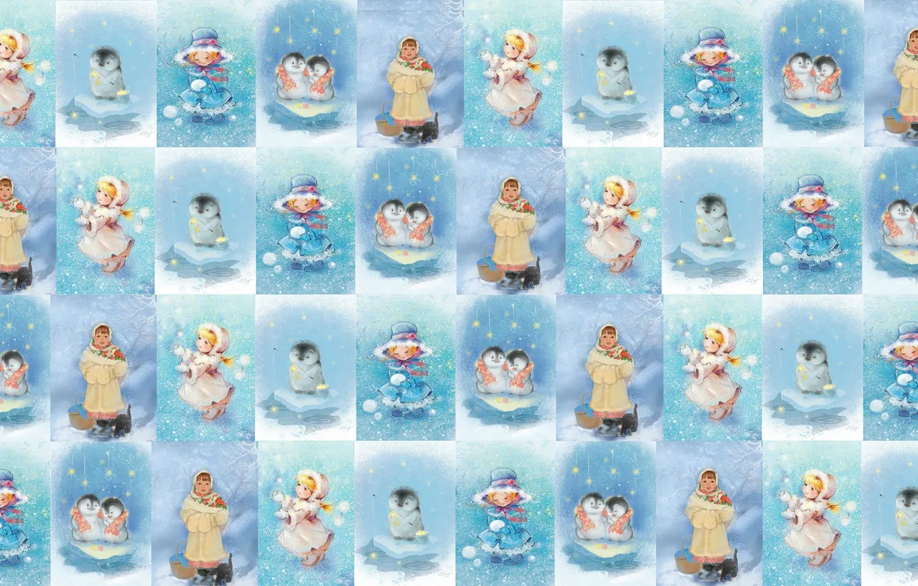 Photo wallpaper winter, snow, background, holiday, new year, texture, penguins, girl