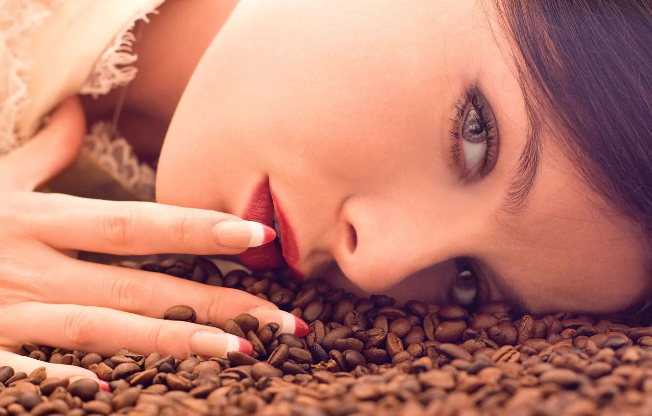 Photo wallpaper look, girl, coffee, beauty, grain, makeup, lipstick, gentle