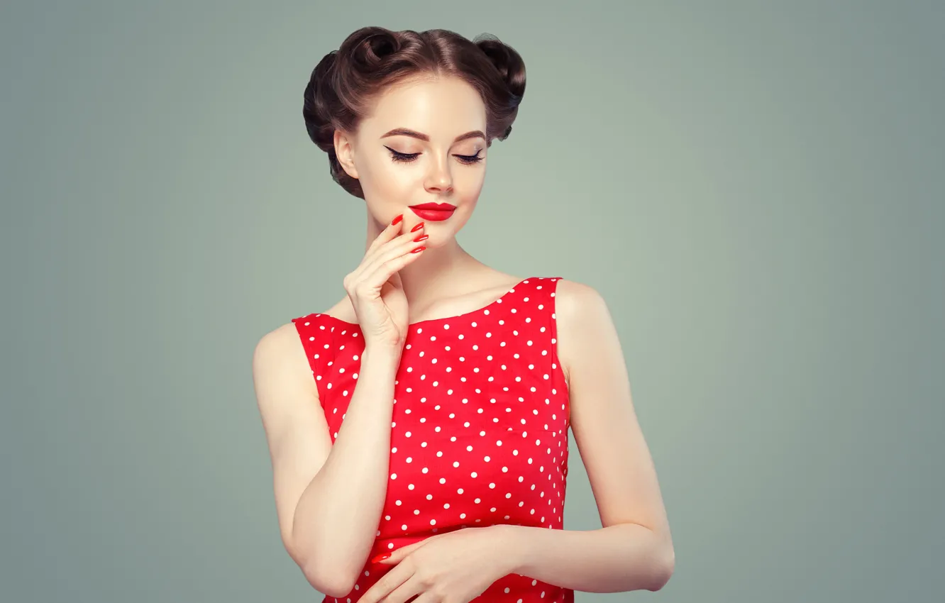 Photo wallpaper red, face, style, retro, model, hairstyle, beautiful, polka dot dress