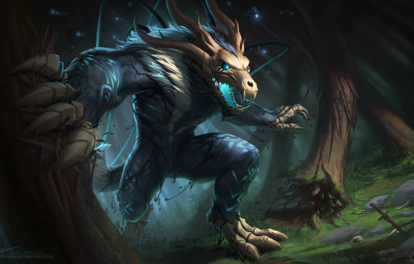 Photo wallpaper Fenrir, wolf, werewolf, bone spirit, fiction, monster, forest