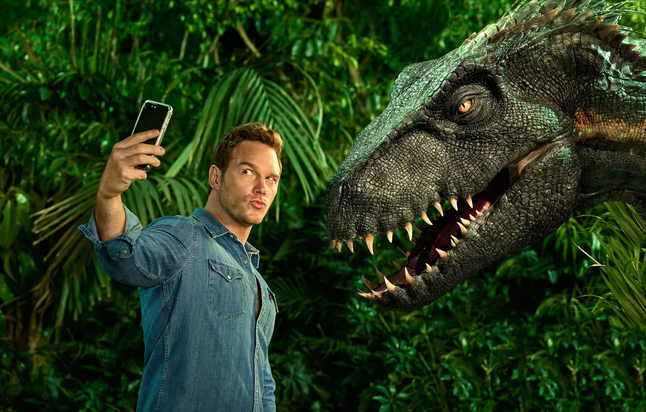 Photo wallpaper dinosaur, phone, male, Chris Pratt, In Jurassic World Fallen Kingdom