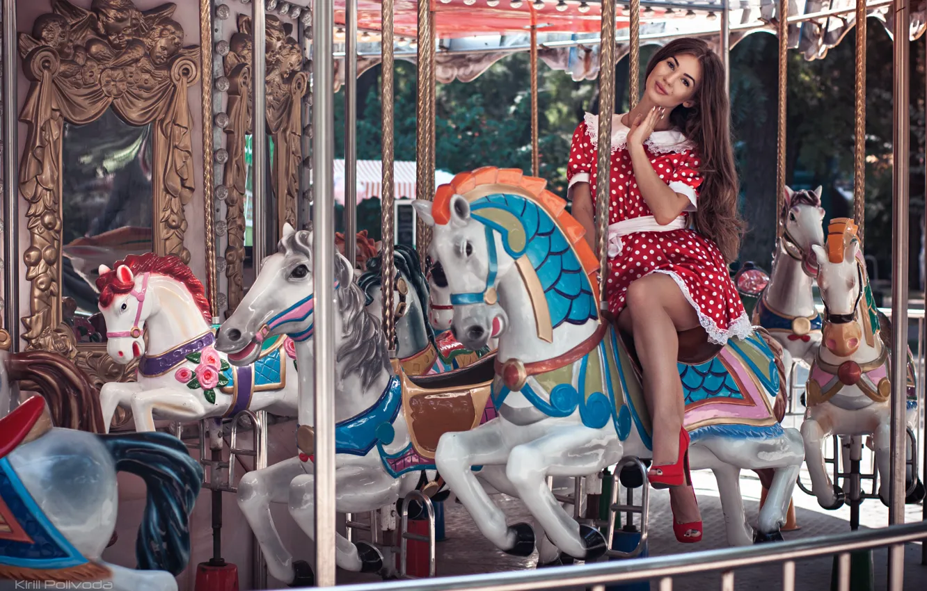Photo wallpaper girl, smile, horse, model, dress, mirror, shoes, heels