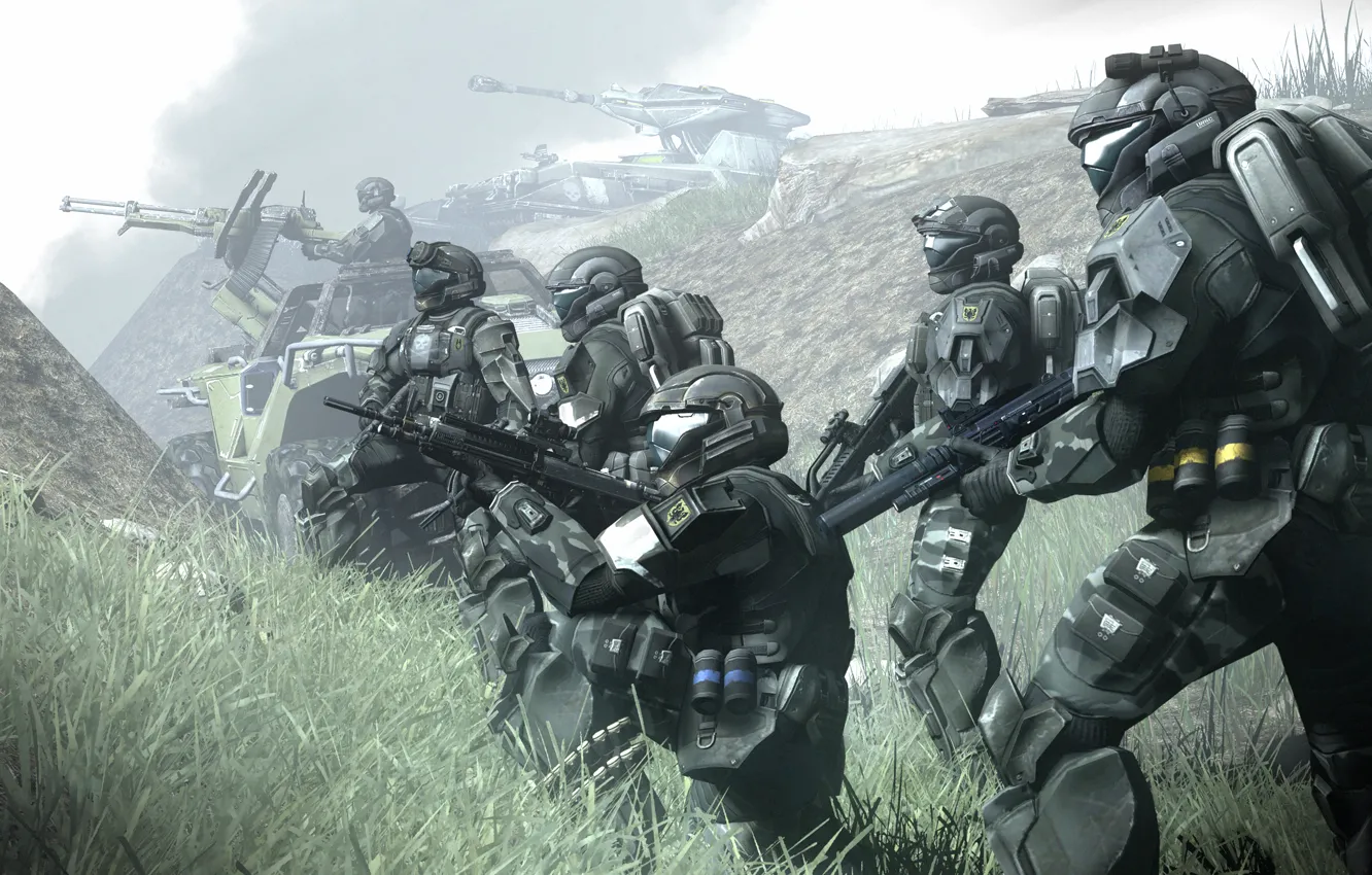 Photo wallpaper fog, fiction, soldiers, armor, distance, halo, armor