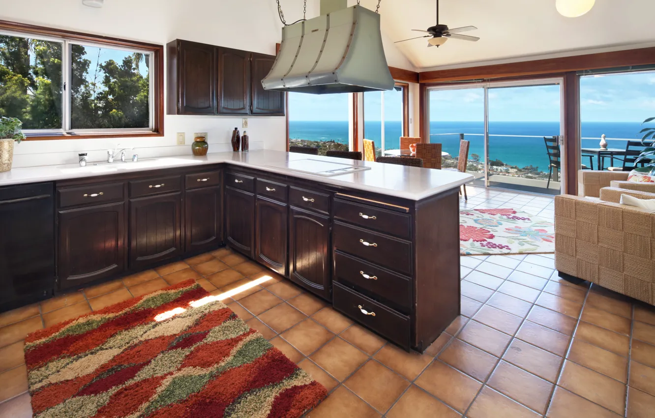 Photo wallpaper sea, furniture, kitchen, design, interior, headsets, kitchen