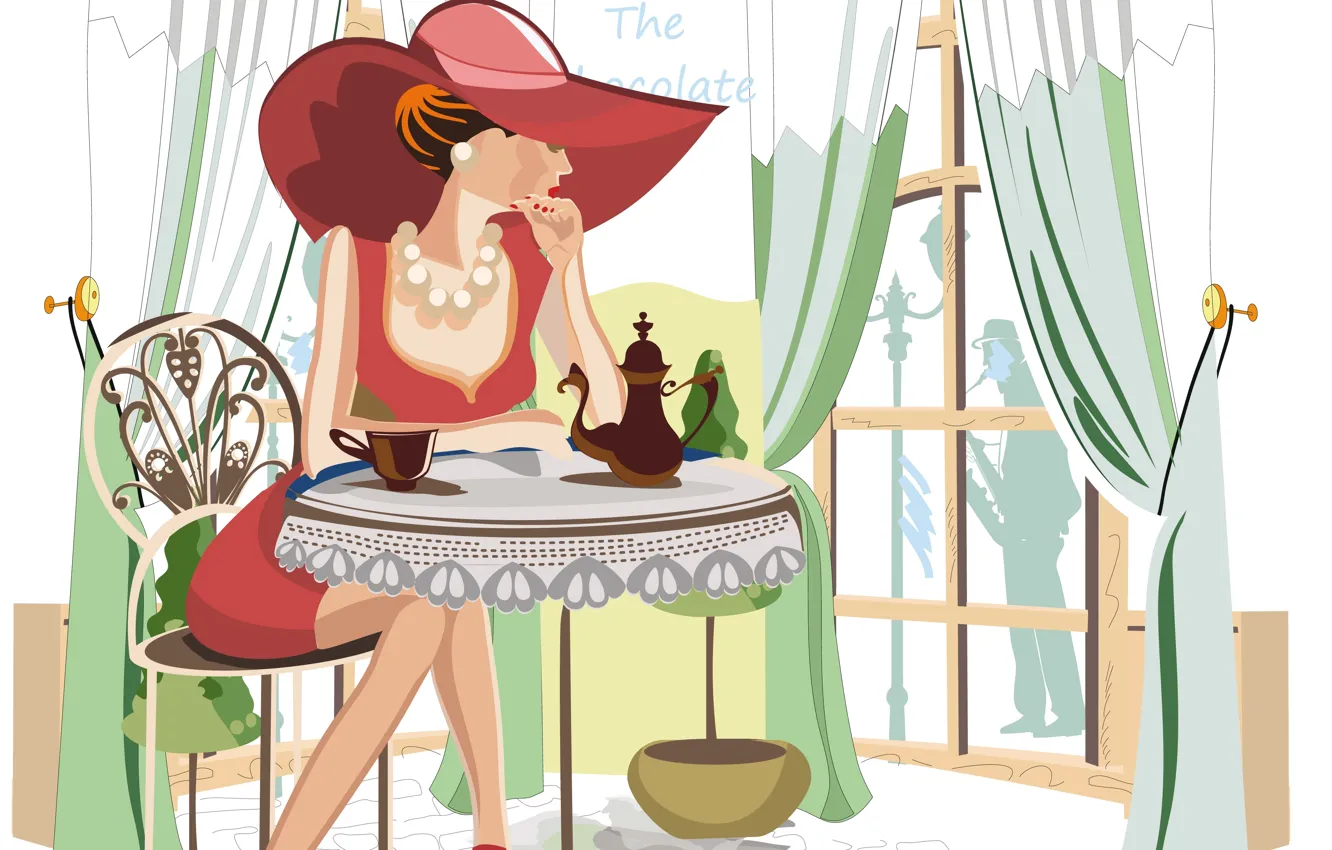 Photo wallpaper girl, tea, kettle, cafe, table