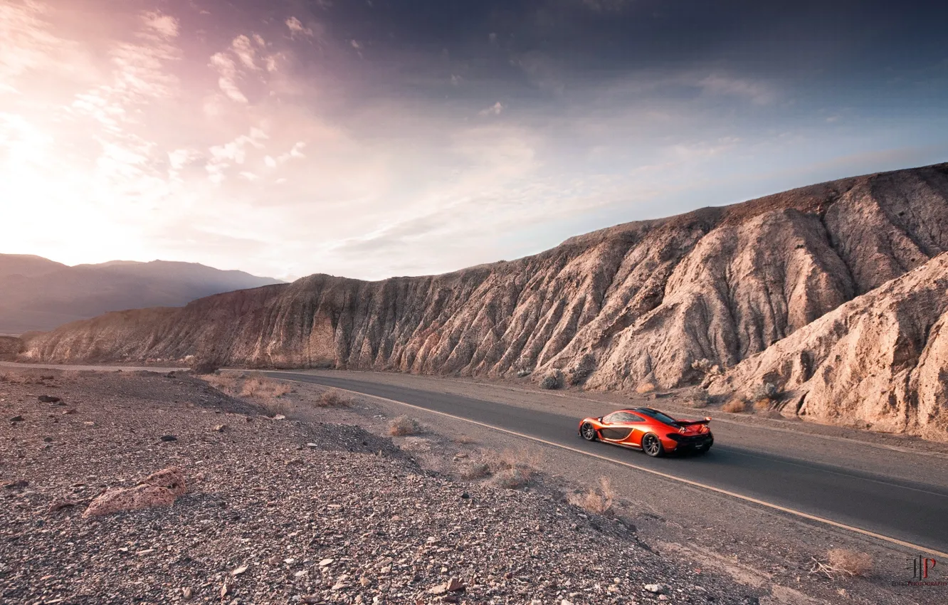 Photo wallpaper McLaren, Orange, Carver, Front, Death, Sand, Supercar, Valley