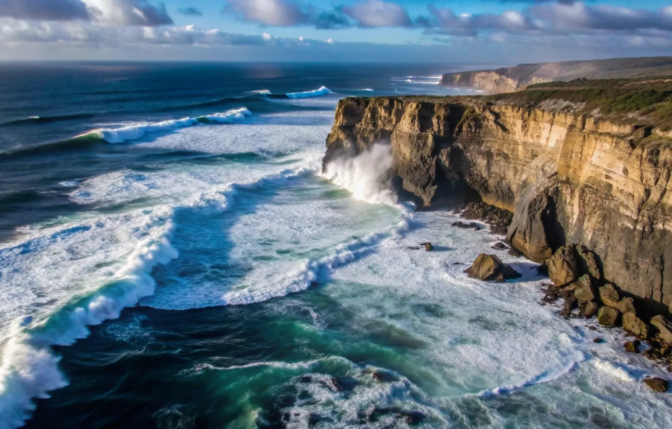 Photo wallpaper sea, wave, clouds, rocks, shore, waves, sea, ocean
