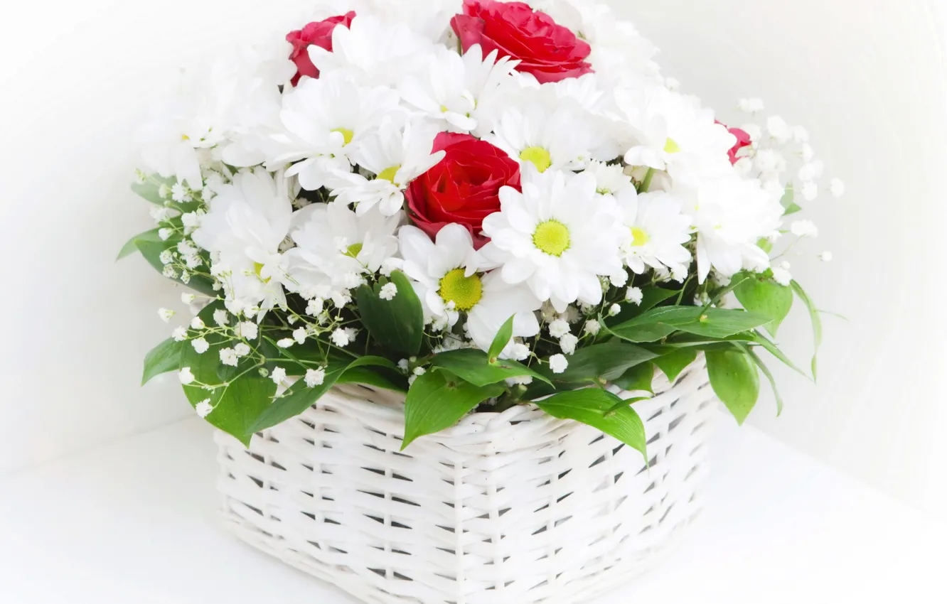Photo wallpaper flowers, basket, chamomile