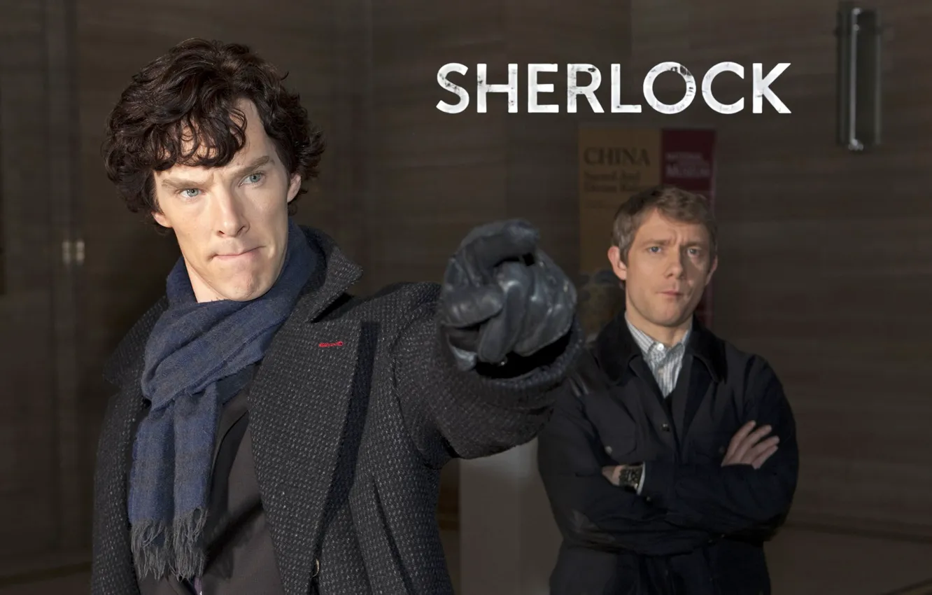 Photo wallpaper gloves, Sherlock Holmes, coat, Martin Freeman, Benedict Cumberbatch, Sherlock, Sherlock BBC, facial expressions