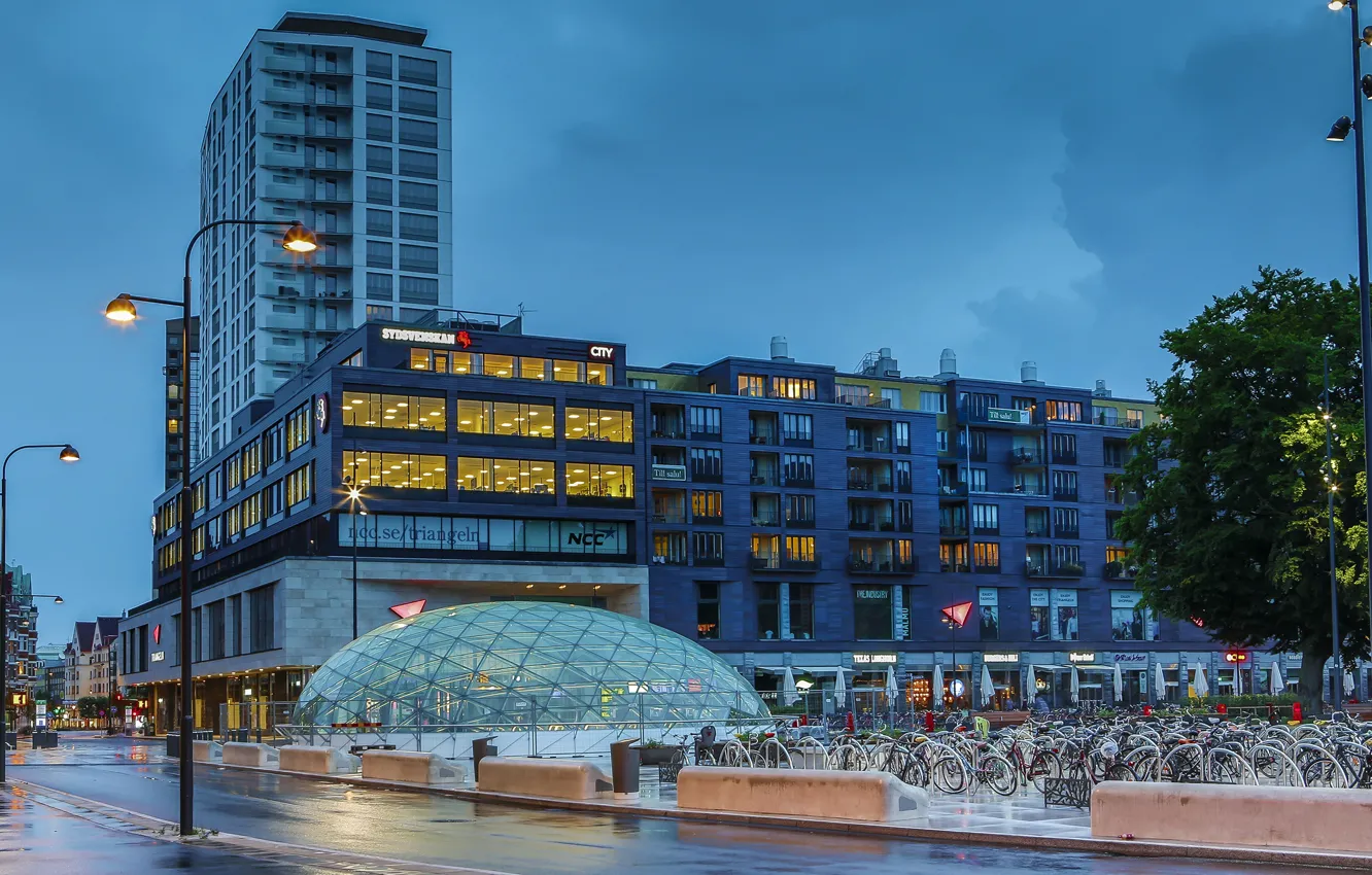 Photo wallpaper road, the sky, bike, lights, street, home, the evening, lights