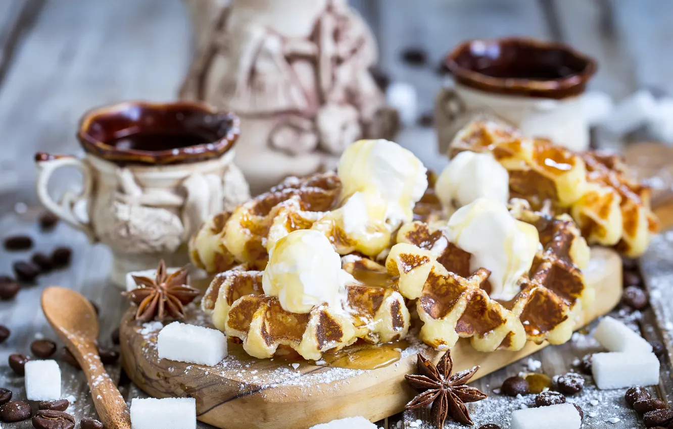 Photo wallpaper ice cream, Cup, sugar, waffles, spices, star anise