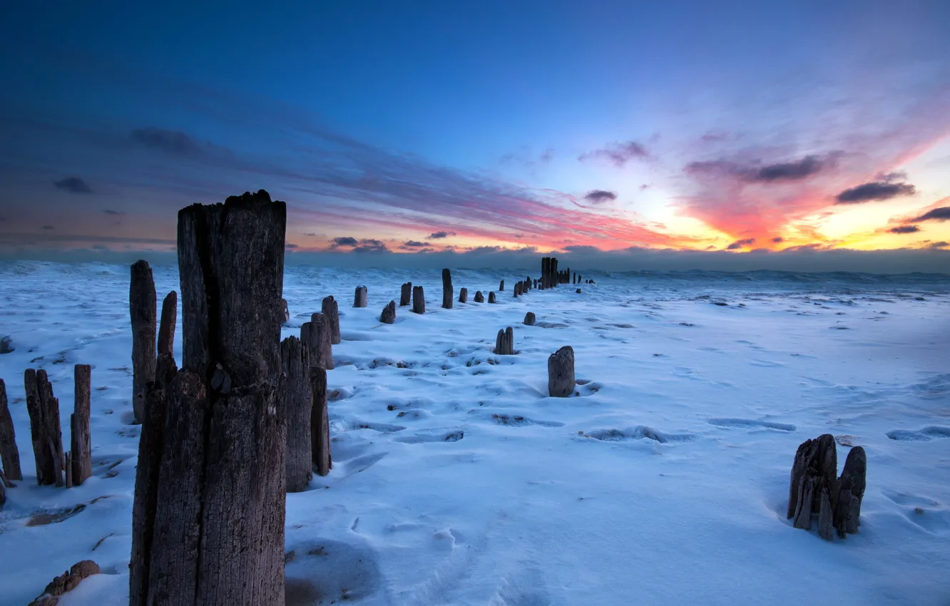 Photo wallpaper winter, snow, landscape, sunset