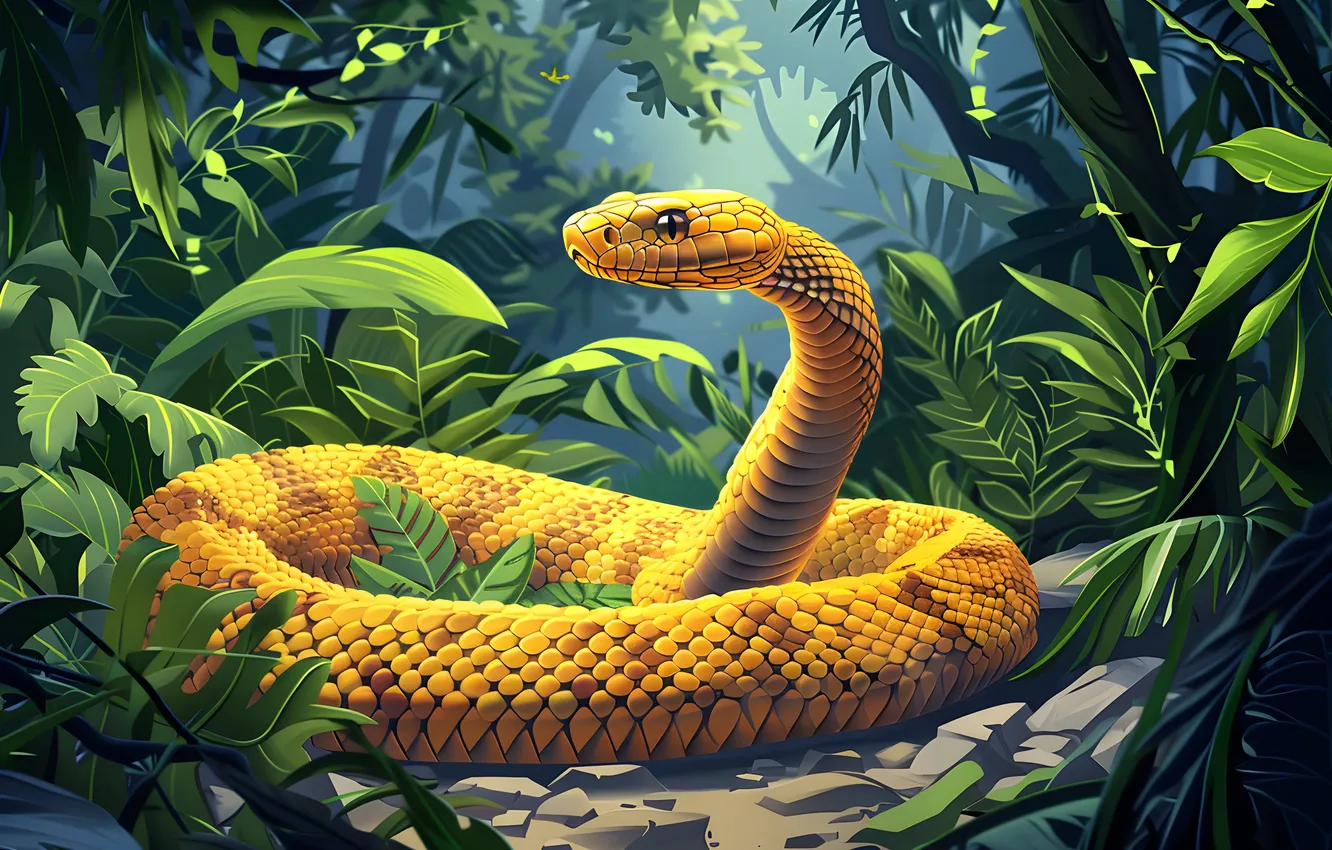 Photo wallpaper grass, trees, animal, snake, jungle, art, reptile, digital art